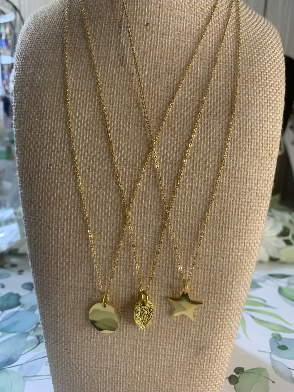 Plunder Gold Plated Layered Necklaces Trio with Disc, Flower and Star Charms